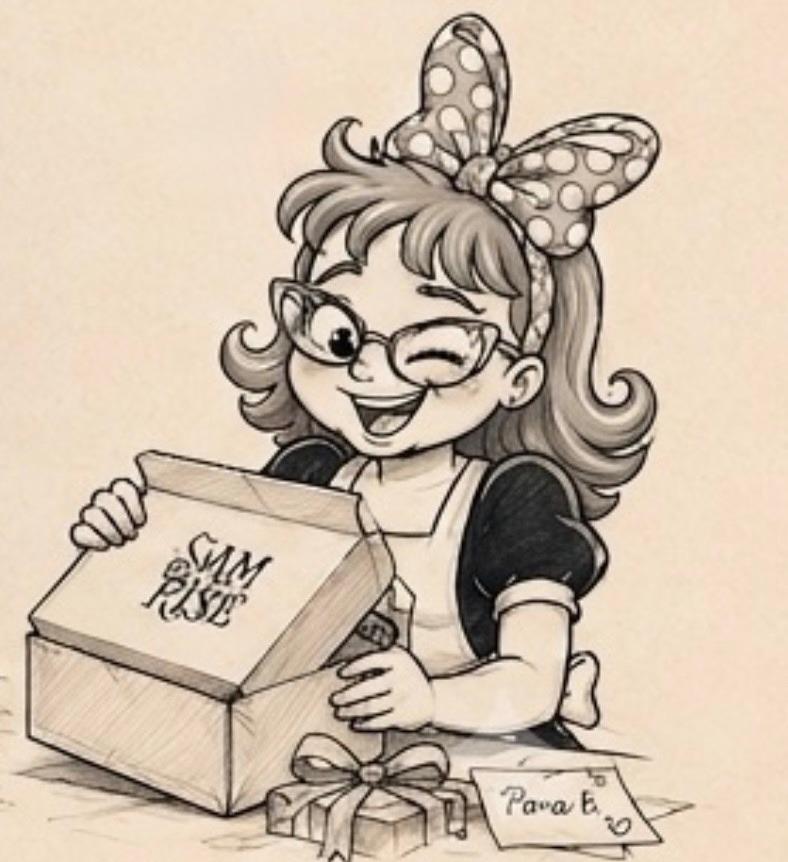 Ilustração da boneca Samrise a abrir uma caixa de presente e a piscar o olho