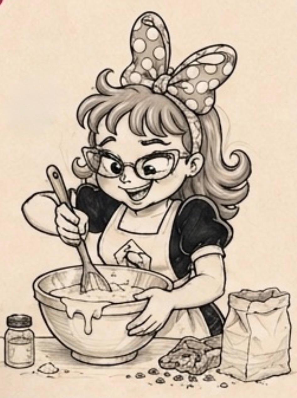 Ilustração da boneca Samrise a bater a massa