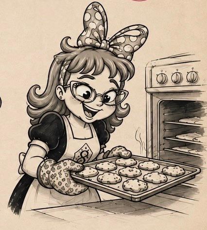 Ilustração da boneca Samrise a tirar cookies do forno