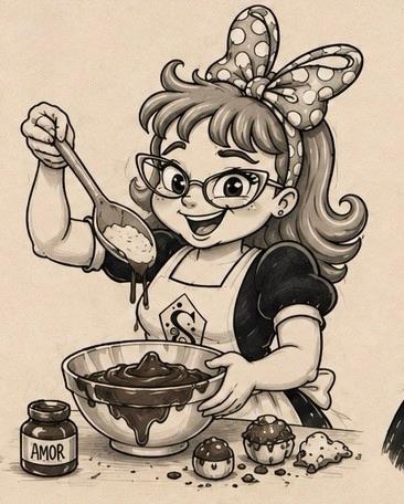 Ilustração da boneca Samrise com uma colher de chocolate